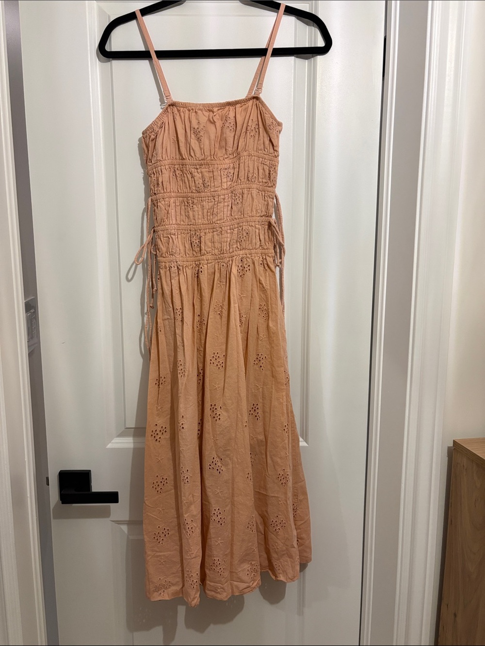 Peach Eyelet Midi Dress with Smocked Bodice